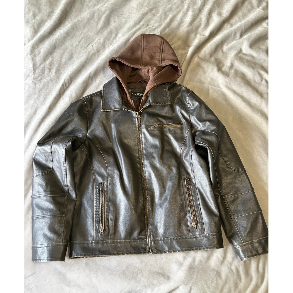 Black Rivet Mens Faux Leather Jacket Brown Zip Out Hooded Bib M BOZK2011